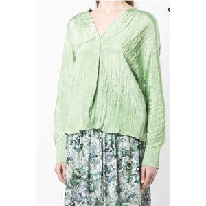 Vince Crinkle Effect V Neck Blouse Sz Large Womens Pistachio Green Long Sleeve